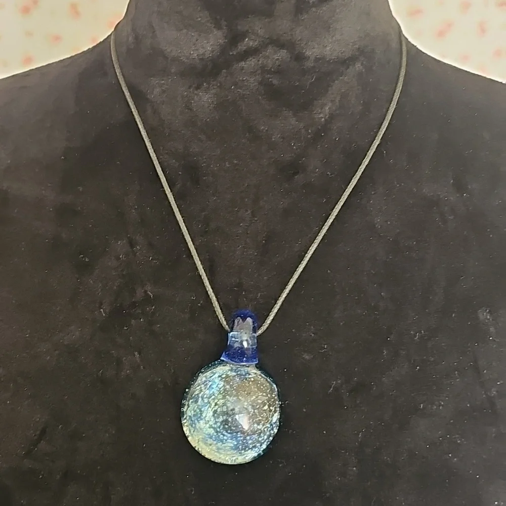 Handblown Blue and Black Glass Orb Pendant Necklace 18 Inches 🎲